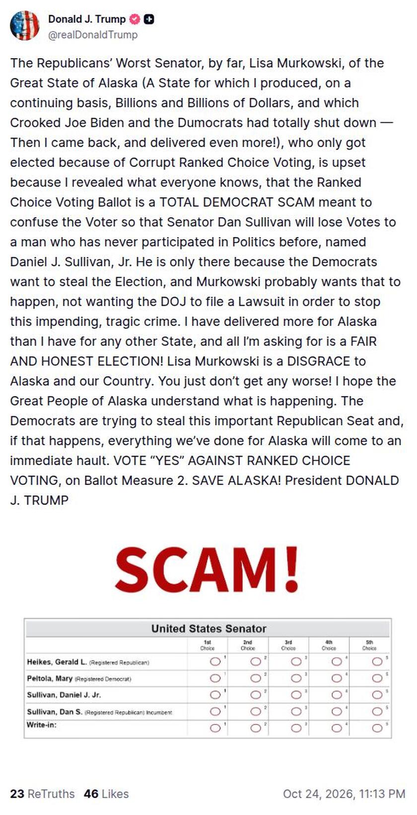 Post image from Donald Trump