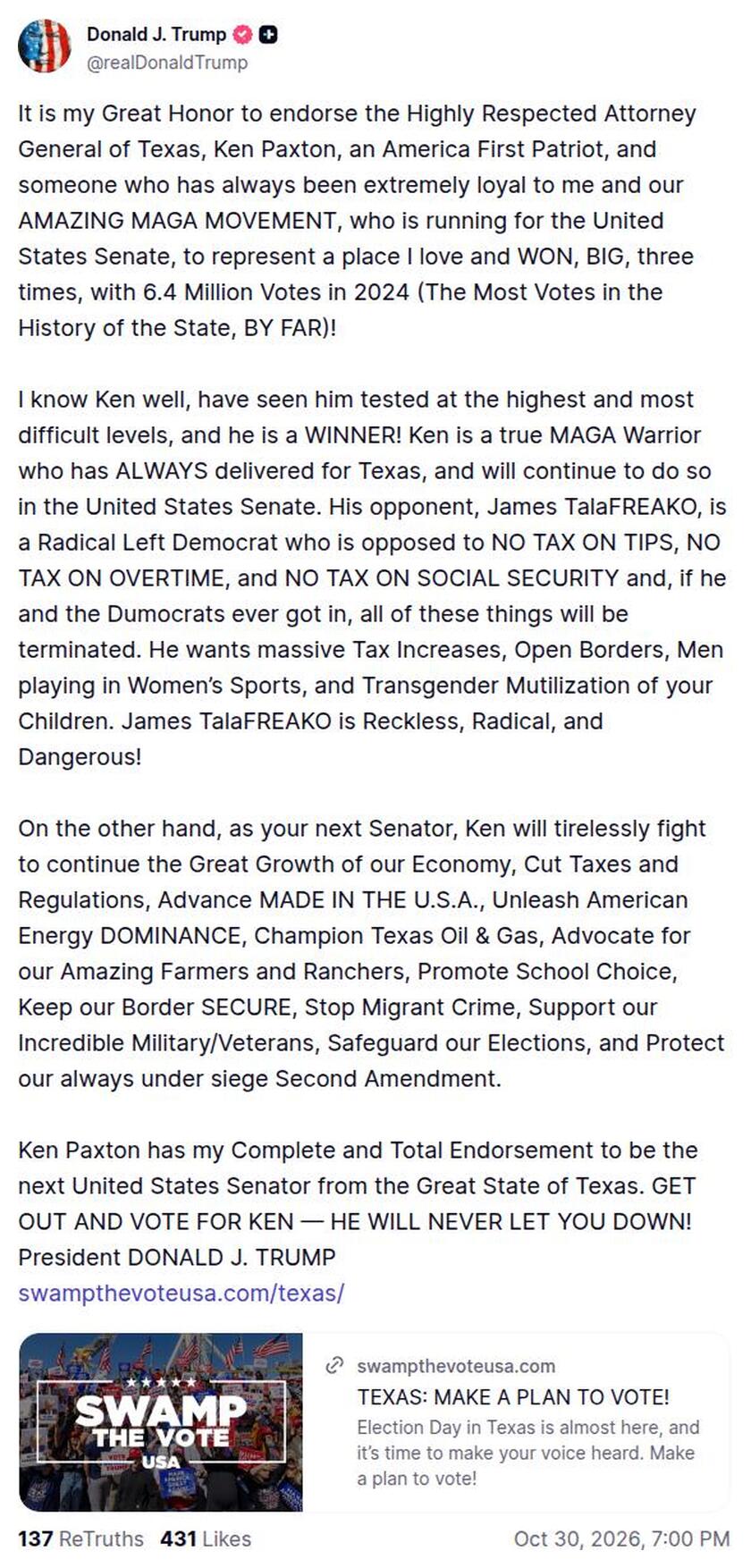 Post image from Donald Trump
